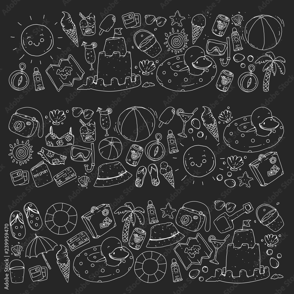 Beach and travel. Vector icons with summer vacation elements. Beach and travel. Vector icons with summer vacation elements.