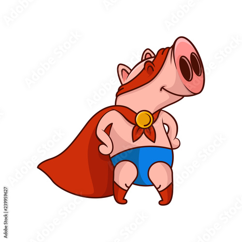 Funny pig superhero standing in heroic posture. Animal in red cape and mask. Cartoon vector design
