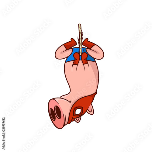 Pig superhero hanging on rope upside down. Funny humanized animal in red mask. Cartoon vector illustration