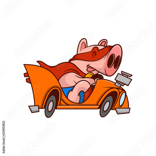Funny pig superhero fast riding car, rushing to rescue. Animal in red mask and mantle. Cartoon vector illustration
