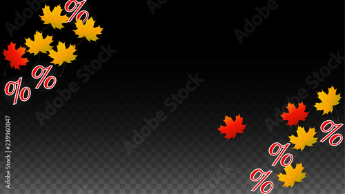 Vector Percentage Sign and Autumn Leaves Confetti on Transparent Background. Percent Sale Background. Business, Economics, Finance Print. Discount Illustration. Promotion poster. Black Friday Banner. 
