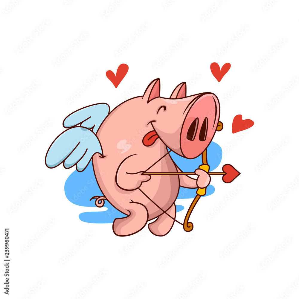 Pig cupid with bow and arrow, red hearts flying in the air. Funny farm  animal with small wings. Cartoon vector icon Stock Vector | Adobe Stock