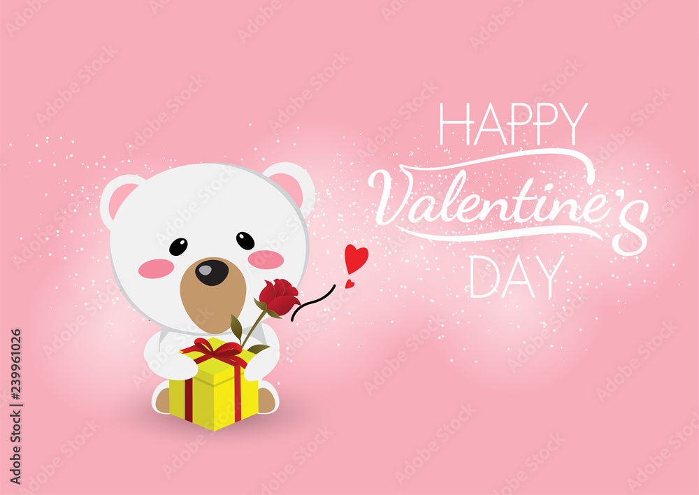 white bear hug red rose and yellow gift box on pink background,happy valentine's day white bear hug red rose and yellow gift box on pink background,happy valentine's day