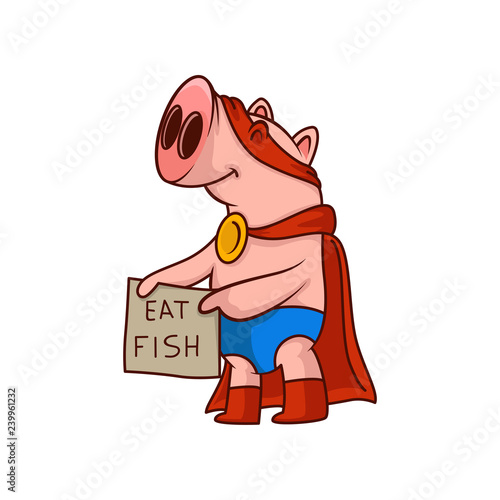 Pig superhero holding banner with text - eat fish. Funny humanized animal in red mask and mantle. Cartoon vector icon