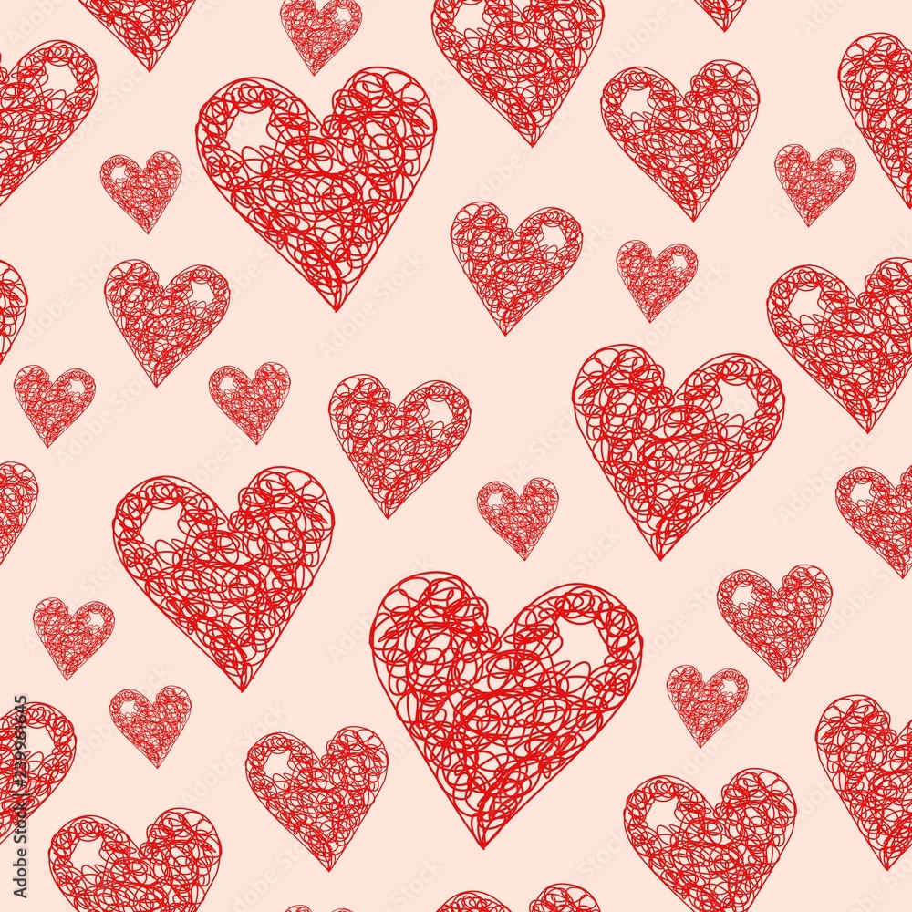 Cute  red scribbled hearts vector seamless pattern with  pink background.