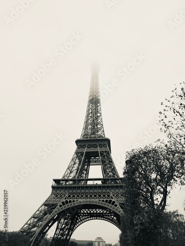 Fototapeta Naklejka Na Ścianę i Meble -  A beautiful illuminated Eiffel Tower and misty night street in Paris, France - Image