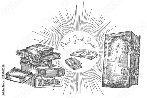 Banner with hand drawing sketch books. Concept vintage design for fair or festival flyer, paper, banner, school library retro poster, bookshop advertising in engraving style