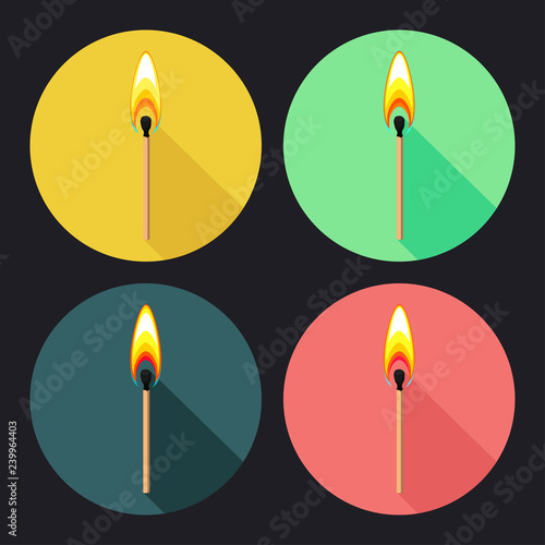 Set of colorful round flat icons with burning match on dark background