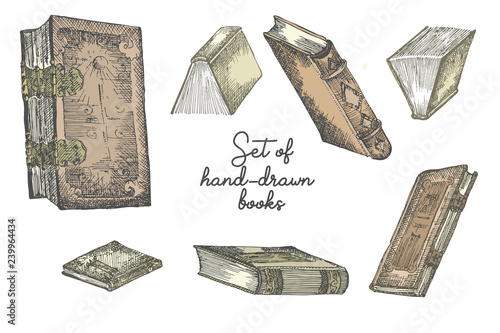 Set of hand drawing sketch books for concept vintage design fair or festival flyer, paper, banner, school library retro poster, bookshop advertising. in engraving style