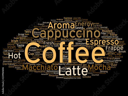 Vector conceptual creative hot morning italian coffee break, cappuccino or espresso restaurant or cafeteria abstract beverage word cloud isolated on background. An energy or taste drink concept text