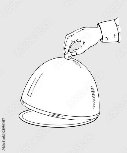 Illustration showing the service in a hotel, hotel, restaurant or cafe. Dish on a tray brought by a waiter. Good customer services