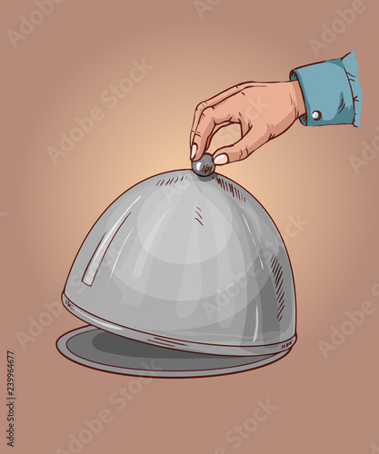 Hand opens the lid of the dish on a tray. Order in a restaurant. The waiter brings the ordered food