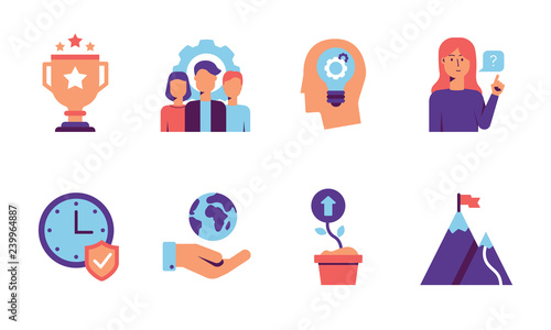 Modern Core values icon set with team, quality, innovations, customers, reliability, responsibility and growth concepts in purple and blue tones. Colorful icons for web isolated on white background.