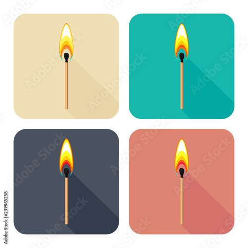 Vector set of colorful square flat icons with burning match isolated on white background 