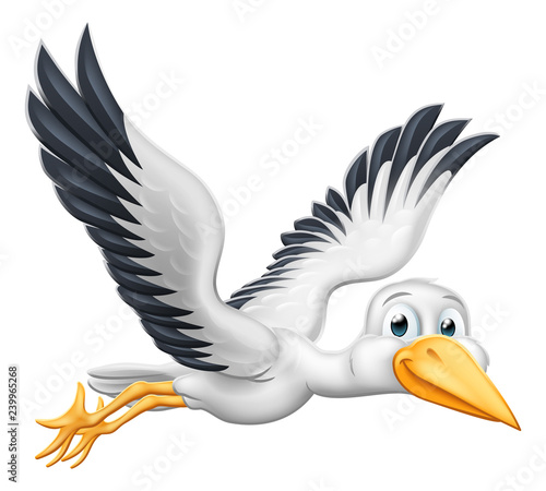 A stork or crane cartoon bird flying through the air