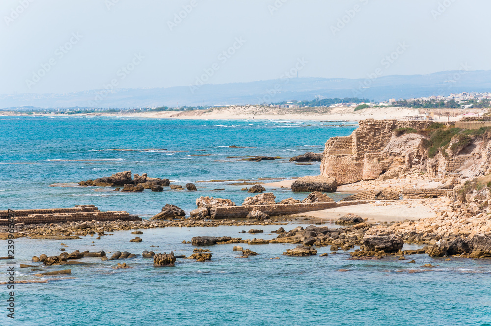 Mediterranean sea coast rocks near Caesarea, ancient city in Israel