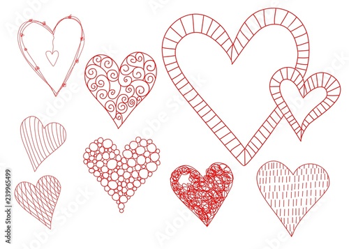 Hand drawn hearts vectors, red line art isolated on white background. 