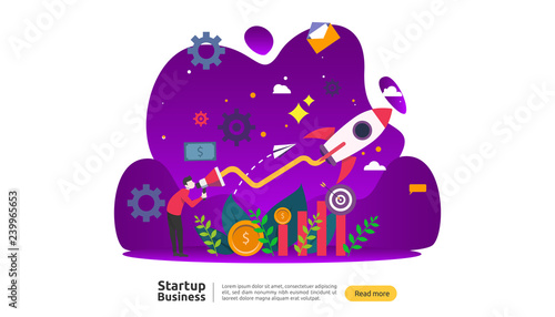 start up idea concept. project business with rocket tiny people character. new product or service launch template for web landing page, banner, presentation, social, print media. Vector illustration.