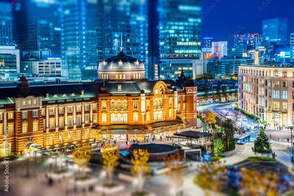 night view of tokyo station with tilt shift