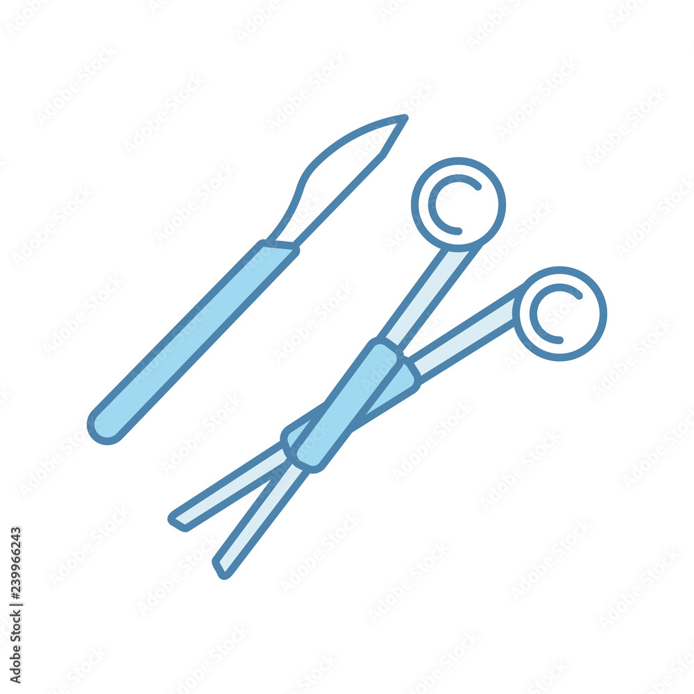 Surgical scalpel and clamp color icon Surgical scalpel and clamp color icon