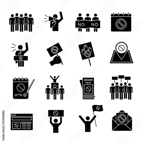 Protest action glyph icons set