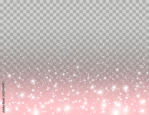 Pink glitter particles, shine confetti and glowing lights effect for luxury greeting card design. Vector white stars sparkle on transparent background.