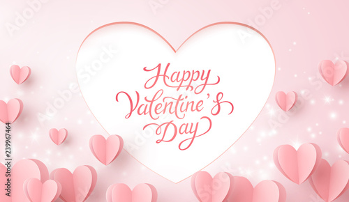Happy Valentine's Day postcard. Paper flying hearts with lettering, glowing lights on pink background. Vector symbols of love for romantic greeting card design.