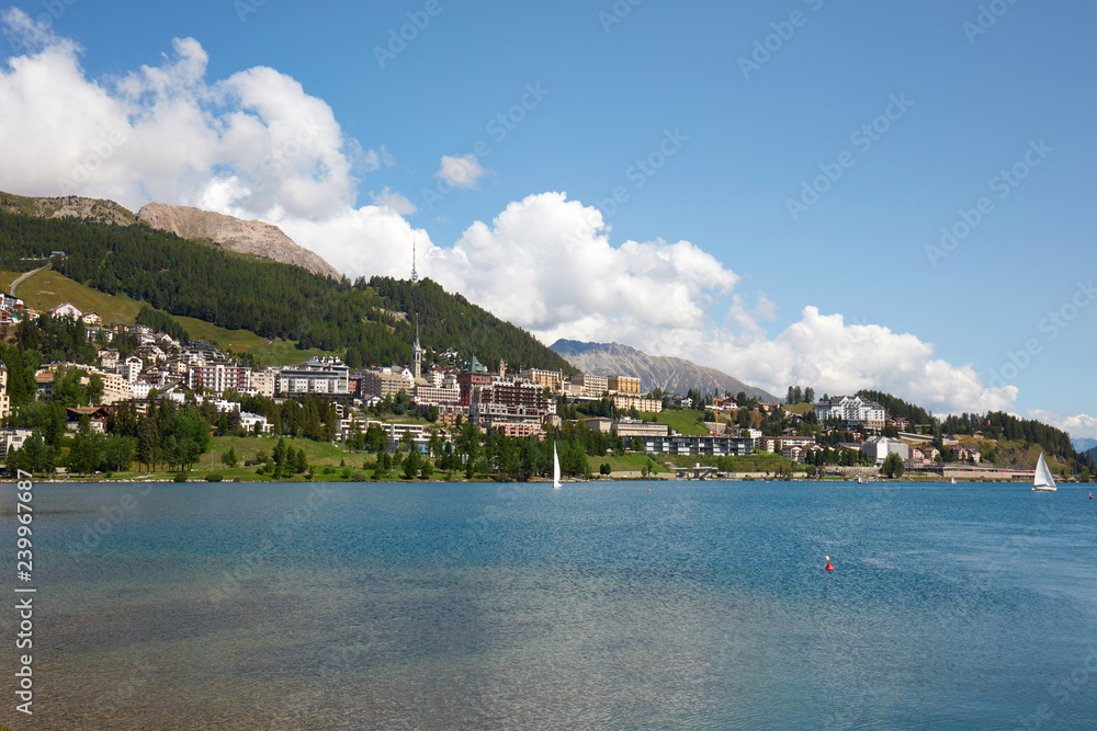 Sankt Moritz town and lake in a sunny day in Switzerland