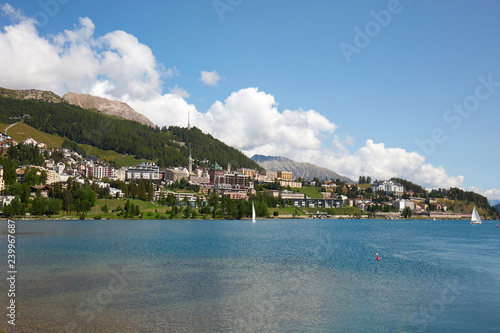 Sankt Moritz town and lake in a sunny day in Switzerland