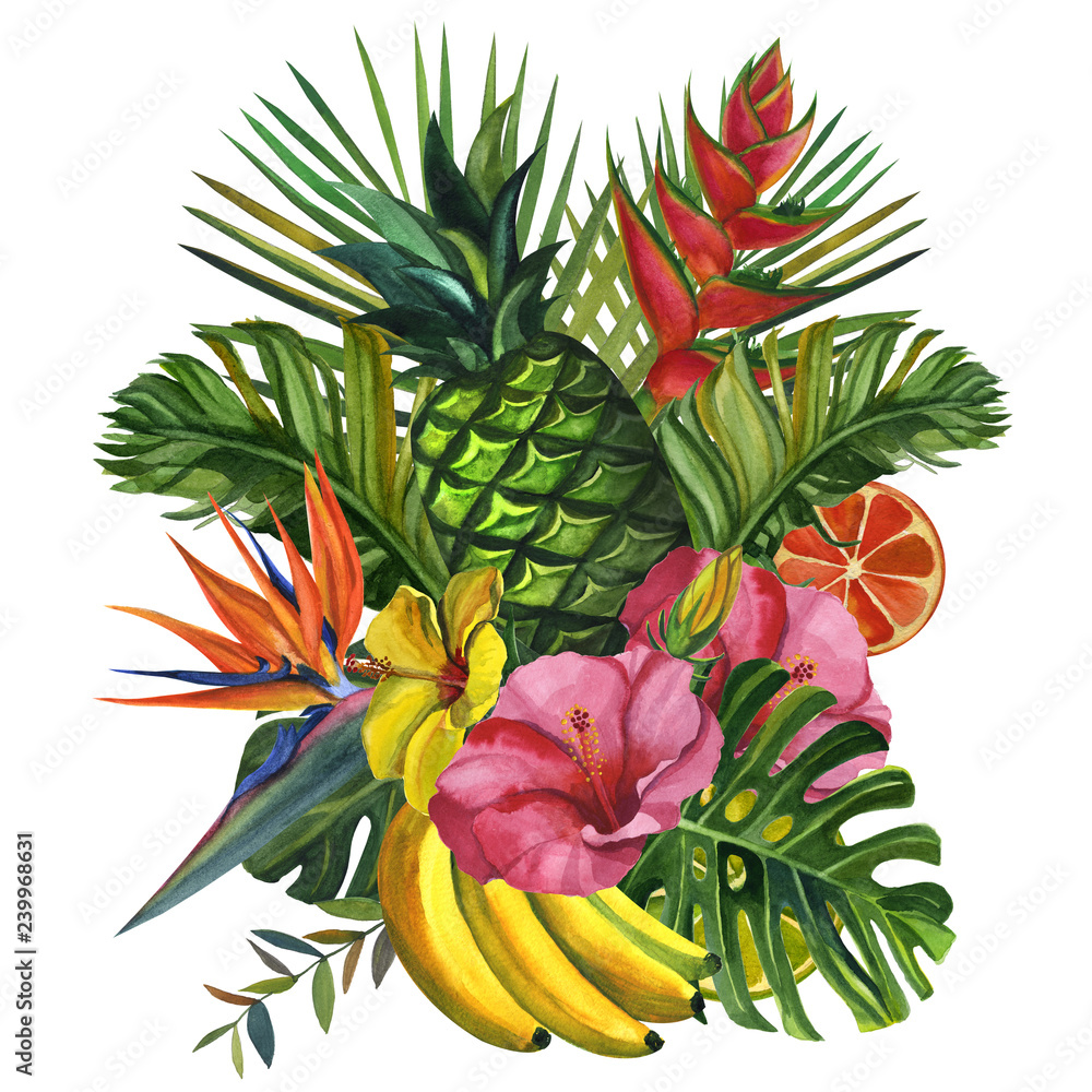 Fototapeta premium Watercolor flowers frame. with tropical palm leaves, bananas, pineapples, flowers. Seamless pattern