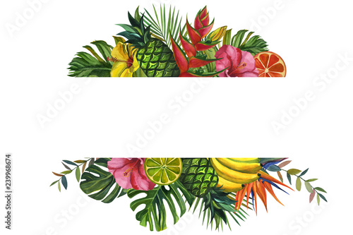 Fototapeta Naklejka Na Ścianę i Meble -  Watercolor flowers frame. with tropical palm leaves, bananas, pineapples, flowers. Seamless pattern