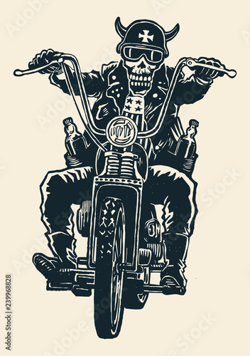 crazy biker skull in motorcycle glasses, helmet with horns. biker symbol. engraving style. vector illustration.