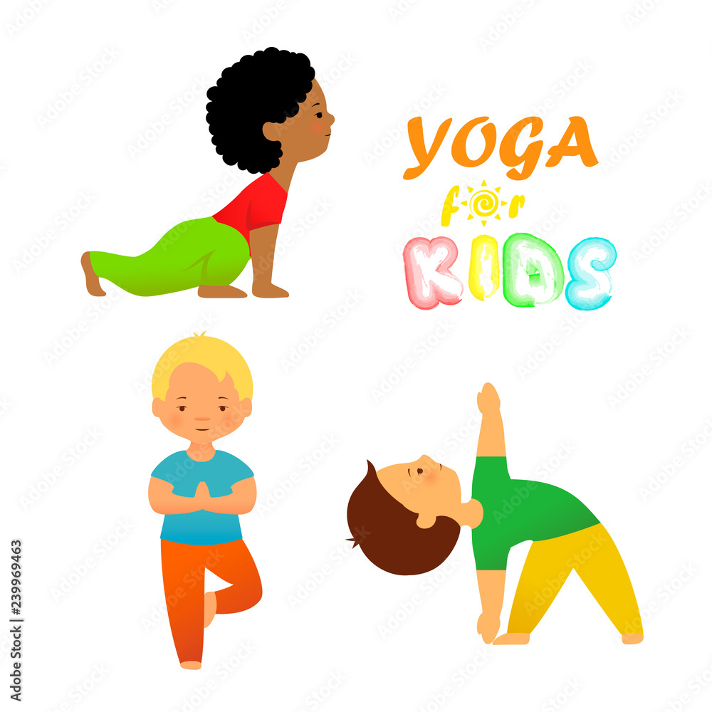 Yoga for kids flat vector illustration. Cute kids in different yoga poses on white background. Children practicing yoga.