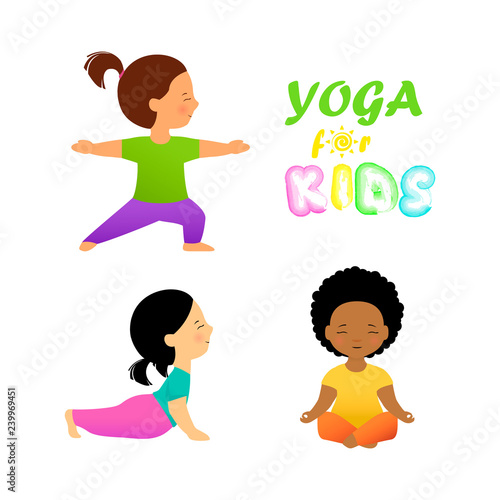 Yoga for kids flat vector illustration. Cute kids in different yoga poses on white background. Children practicing yoga.