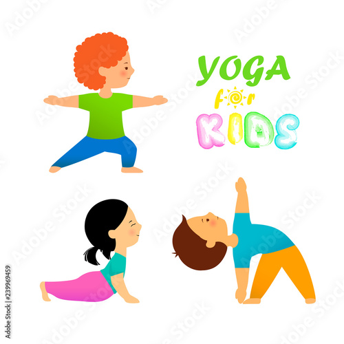 Yoga for kids flat vector illustration. Cute kids in different yoga poses on white background. Children practicing yoga.