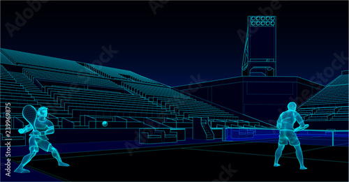 illustration of professional tennis players in a stadium playing a doubles match