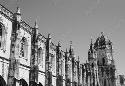 Lisbon landmarks. Jeronimos Monastery (Hieronymites Monastery) in Belem, Lisbon, Portugal.  Portuguese Gothic, Manueline architecture background. Black white historic photo. photo