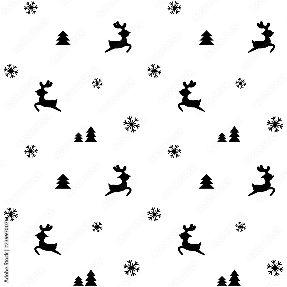 Christmas seamless pattern isolated on white background. Snowflakes, Christmas tree, reindeer black silhouette. Christmas seamless pattern isolated on white background. Snowflakes, Christmas tree, reindeer black silhouette.