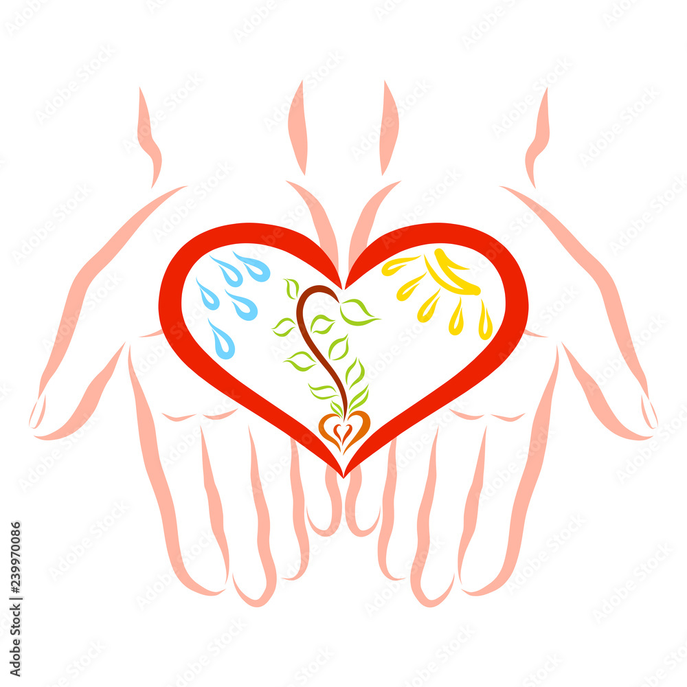 Heart in hands, tender sprout, sun and raindrops in heart Heart in hands, tender sprout, sun and raindrops in heart