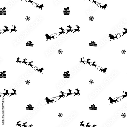 Christmas seamless pattern isolated on white background. Black Santa Claus sleigh silhouette with Christmas trees and snowflakes. 