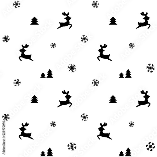 Christmas seamless pattern isolated on white background. Snowflakes, Christmas tree, reindeer black silhouette. 