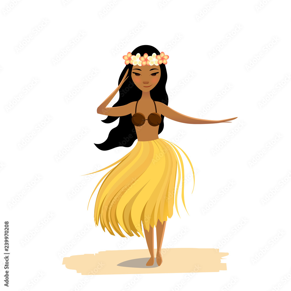 Cute hawaiian girl dancing hula in traditional costume. Stock Vector