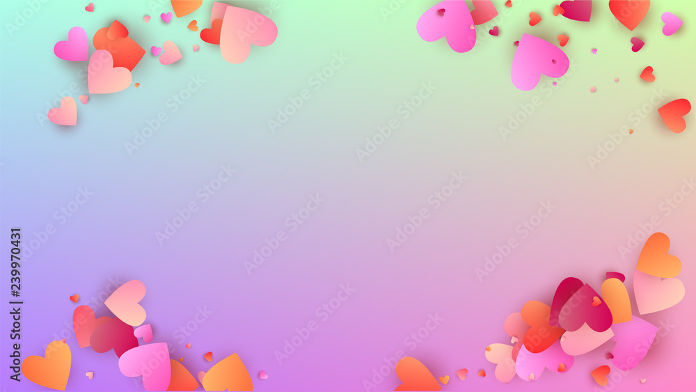Wedding Background. Many Random Falling Pink Hearts on Hologram Backdrop. Heart Confetti Pattern. Invitation Template. Vector Wedding Background.