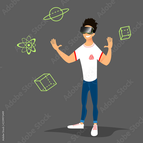Young man wearing virtual reality goggles. VR headset technology, vr glasses. Cartoon stylized vector illustration for computer gaming, education, communication, business in 3d vertaul reality space.