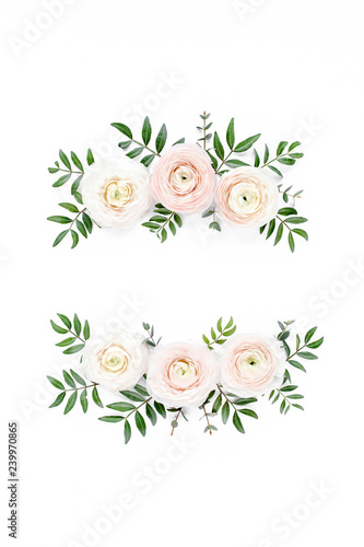 Canvas Print Floral frame wreath of pink ranunculus flower buds and eucalyptus on white background