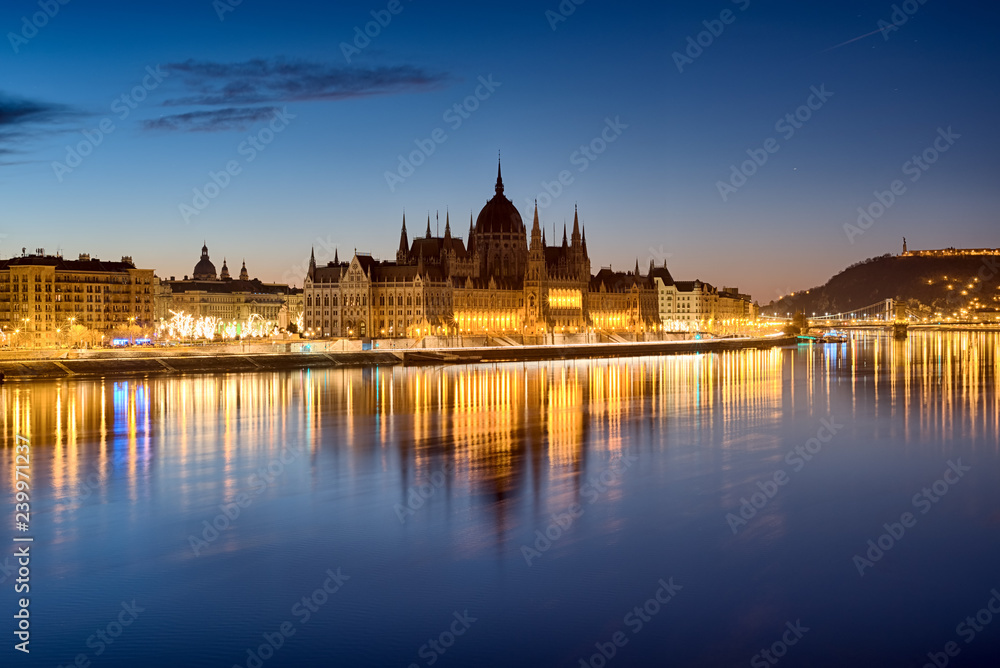 Night view of Hungarian Parliament reflecting in water