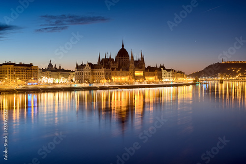 Night view of Hungarian Parliament reflecting in water