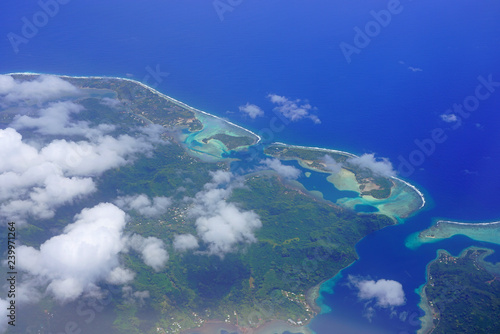 Aerial view of the island and lagoon of Huahine near Tahiti in French Polynesia, South Pacific