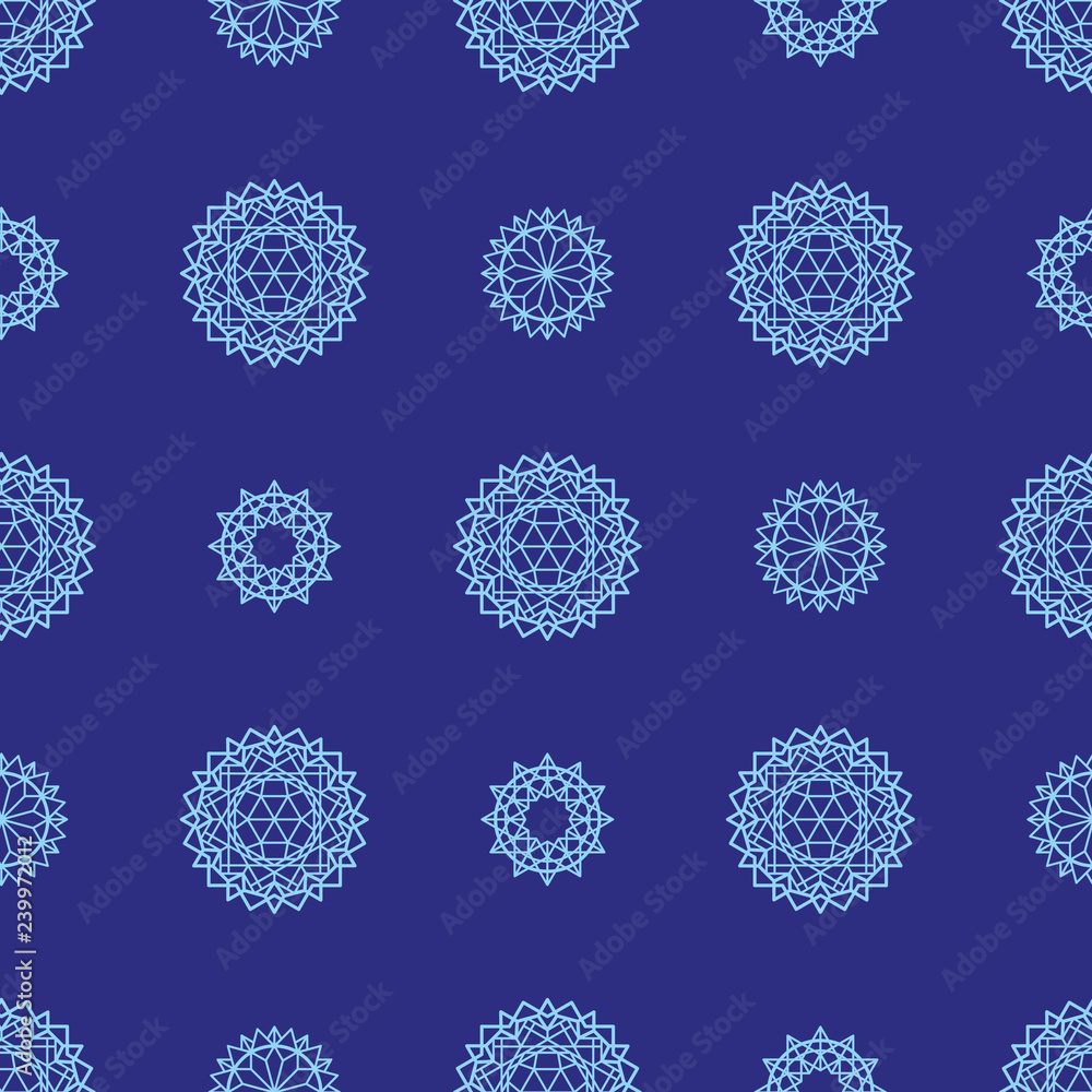 Winter abstract drawing. New Year's background. Snowflakes in blue. Seamless pattern.