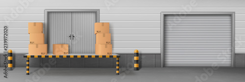 Self-storage business facility, delivery company warehouse, store rear entrance for cargo unloading 3d realistic vector with closed roll gates and cardboard boxes, parcels on loading ramp illustration